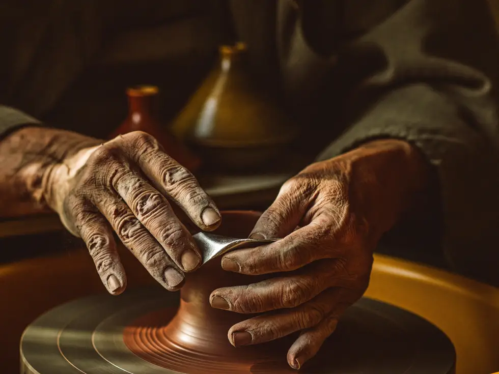 Mains d'un artisan potier au travail à Marrakech